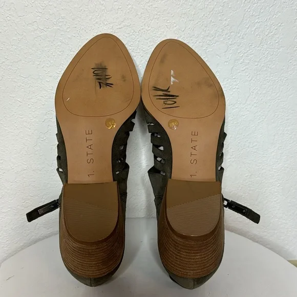 1. STATE ARNET OLIVE SUEDE LASER CUT POINTED TOE HEELED ANKLE BOOTIE - Picture 10 of 14